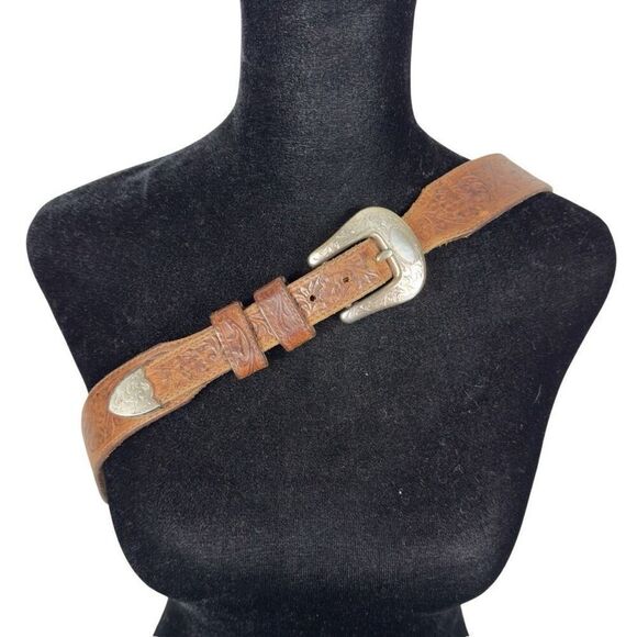 Vintage Justin Western Tooled 100% Leather Floral Belt - Size 38 - Picture 1 of 7